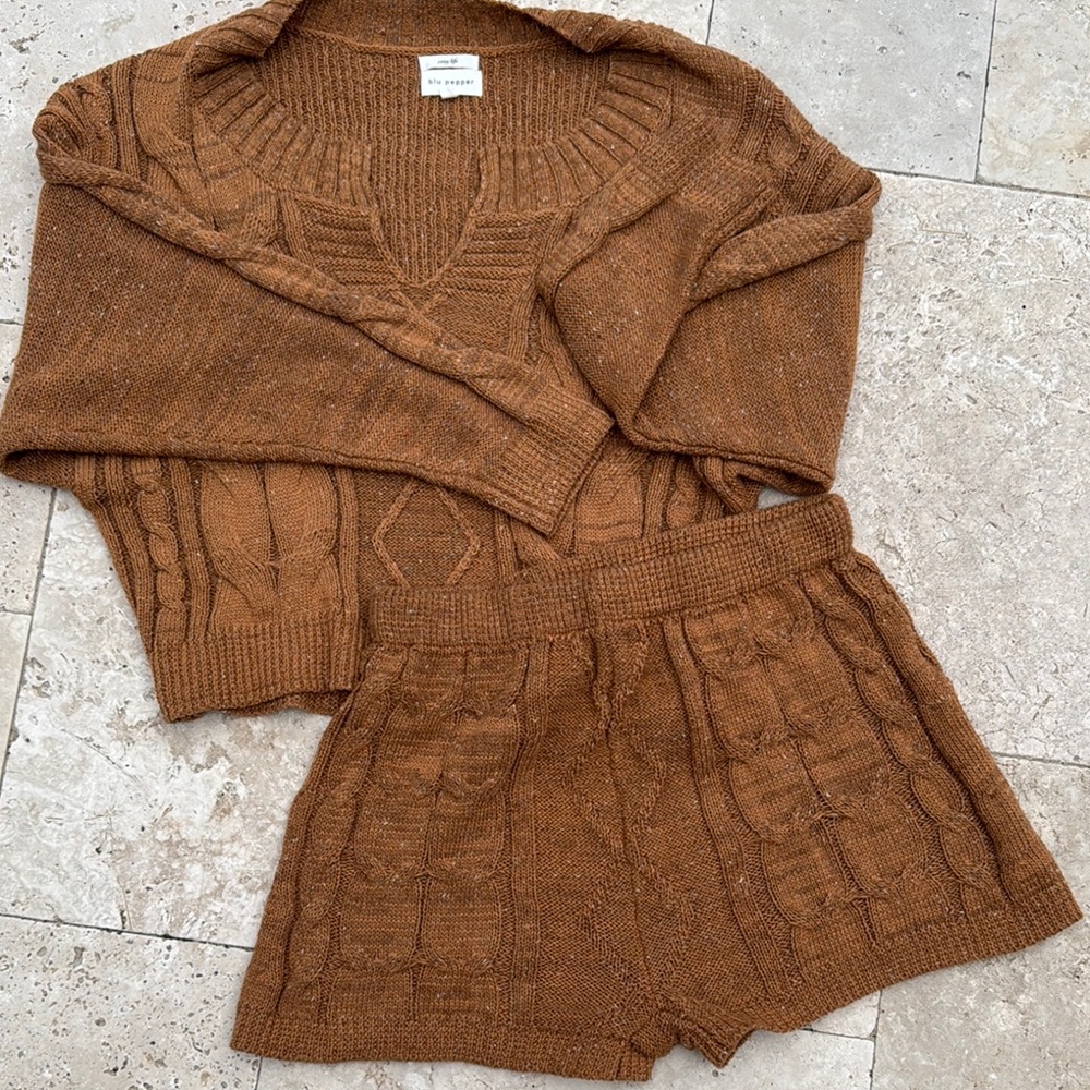Free People Brown Cable Knit Sweater & Shorts Set